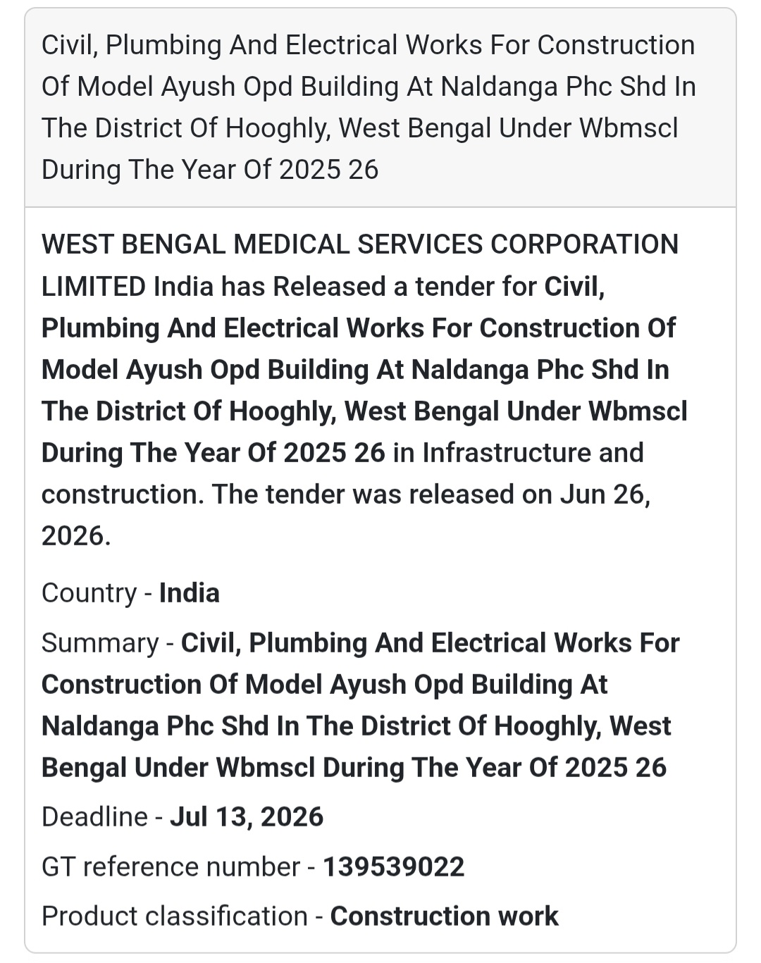 Civil, Plumbing & Electrical Works for Model Ayush OPD Building at Naldanga PHC SHD – Hooghly, West Bengal