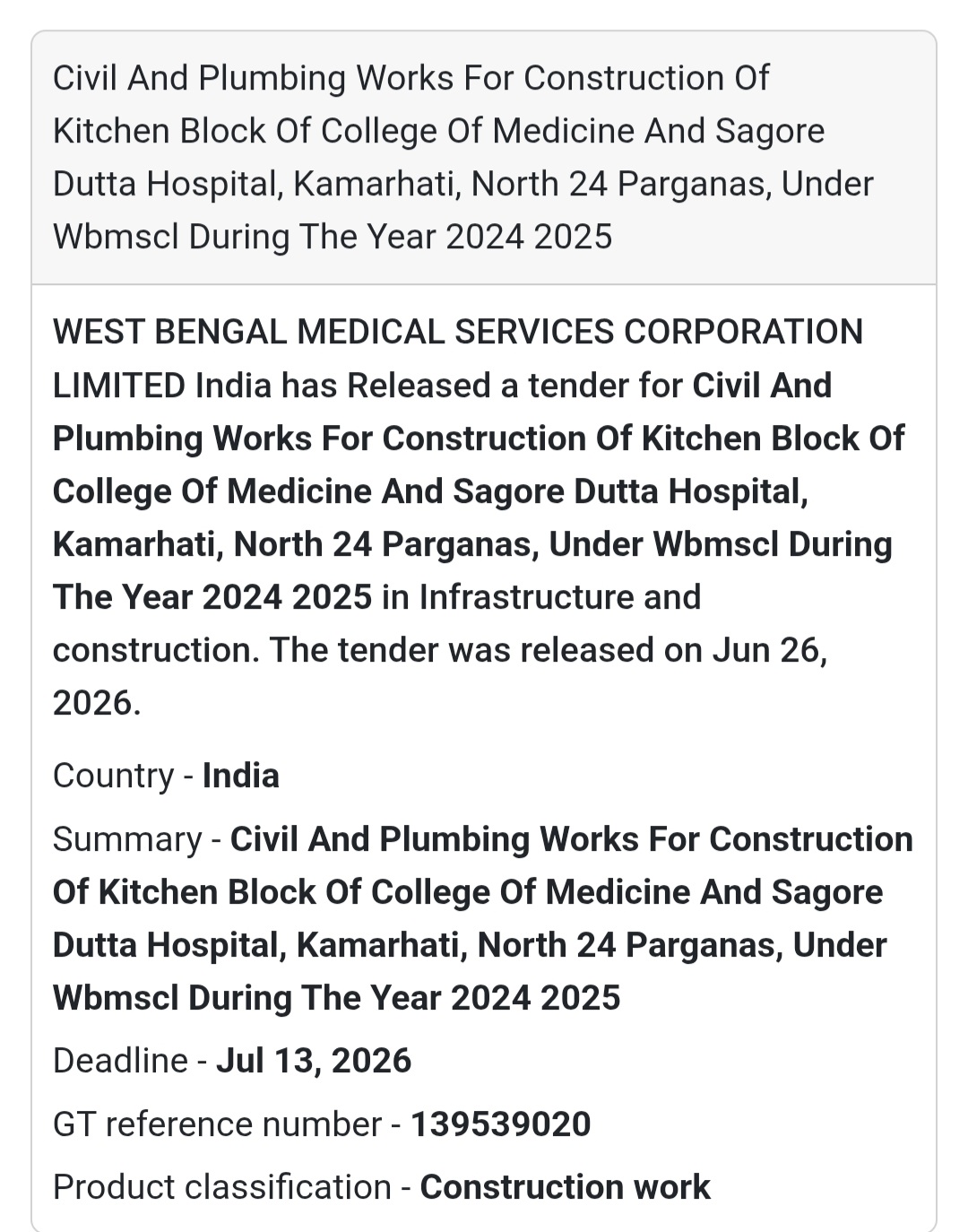 Civil & Plumbing Works for Construction of Kitchen Block at College of Medicine & Sagore Dutta Hospital –