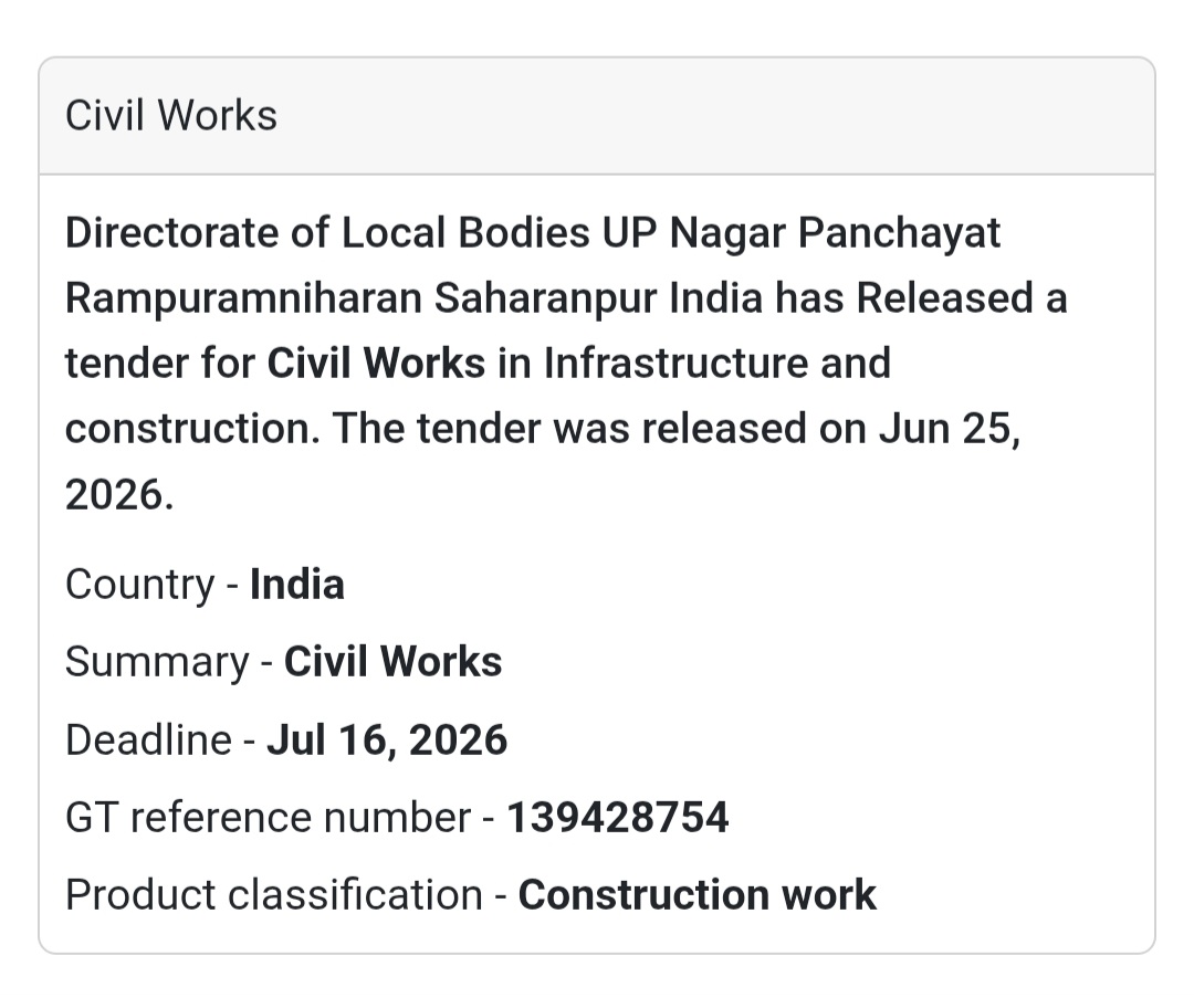 Civil Works | Rampur Maniharan, Saharanpur, Uttar Pradesh🚧 Tender Alert