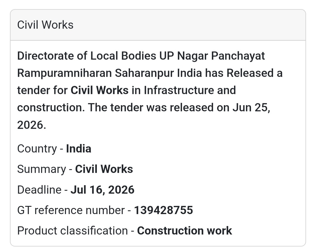 Civil Works | Rampur Maniharan, Saharanpur, Uttar Pradesh🚧 Tender Alert
