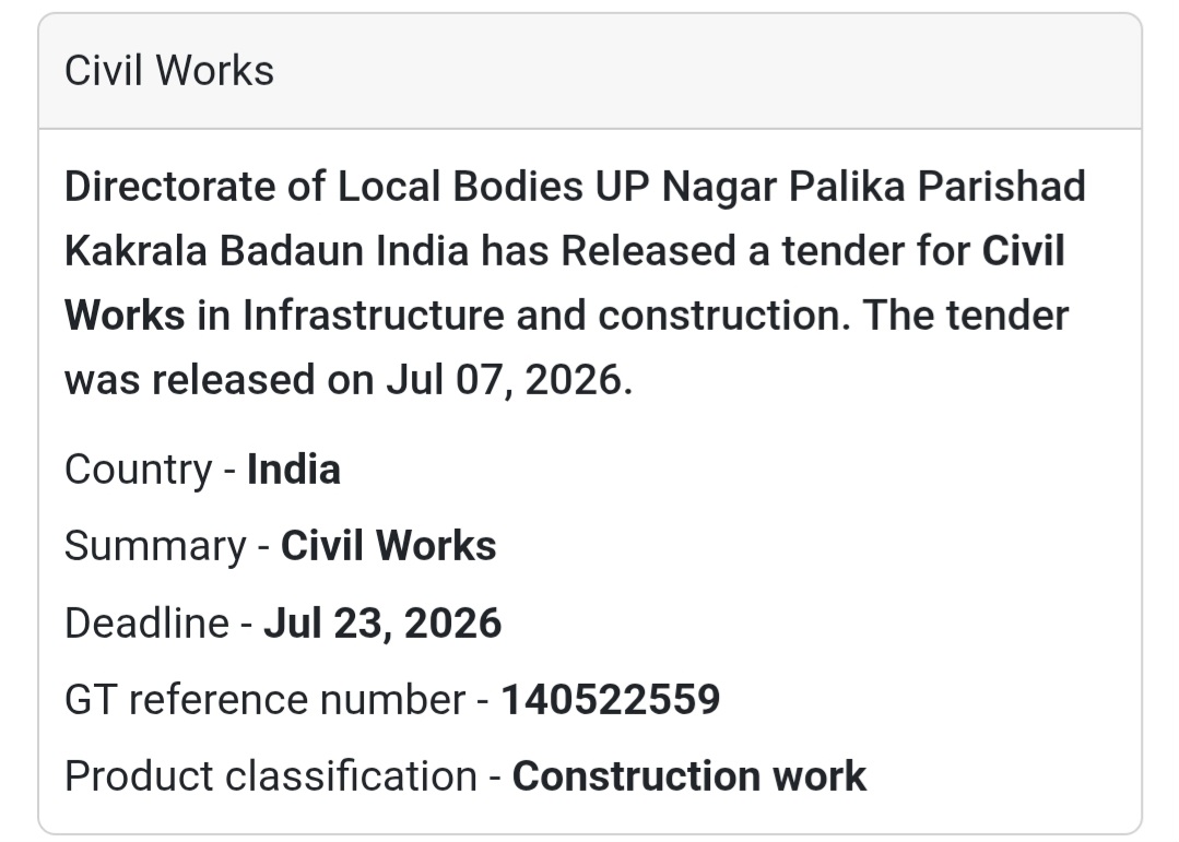 🏗️ Civil Works Tender – Nagar Palika Parishad Kakrala, Badaun (Uttar Pradesh)
