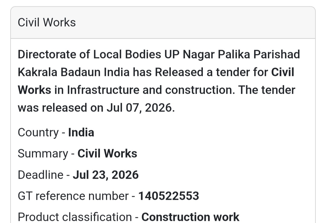 Civil Works Tender – Nagar Palika Parishad Kakrala, Badaun (Uttar Pradesh)