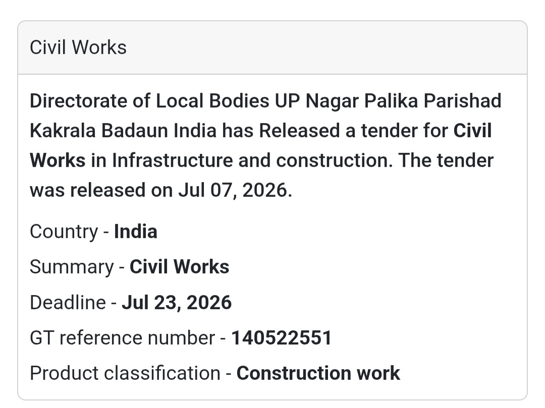 🏗️ Civil Works Tender – Nagar Palika Parishad Kakrala, Badaun (Uttar Pradesh)