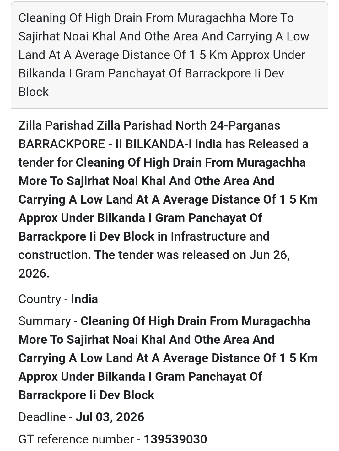 Cleaning of High Drain at Bilkanda-I Gram Panchayat – North 24 Parganas, West Bengal