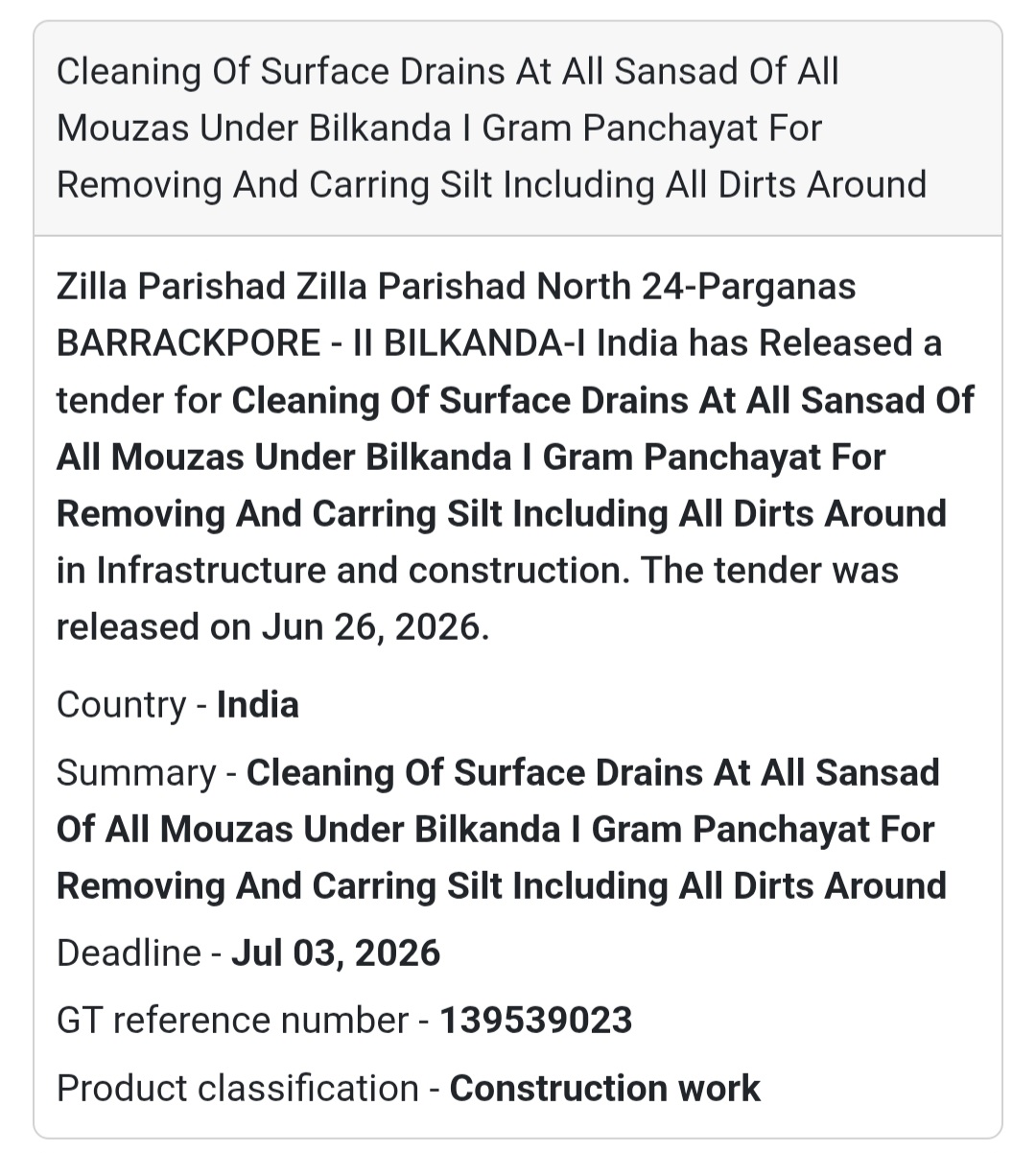 Cleaning of Surface Drains at Bilkanda-I Gram Panchayat – North 24 Parganas, West Bengal