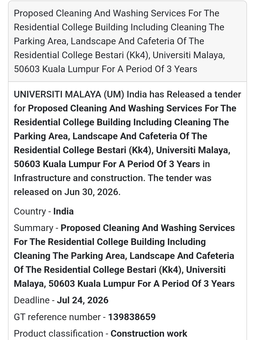 🧹 Cleaning & Washing Services Tender – Universiti Malaya, Kuala Lumpur, Malaysia