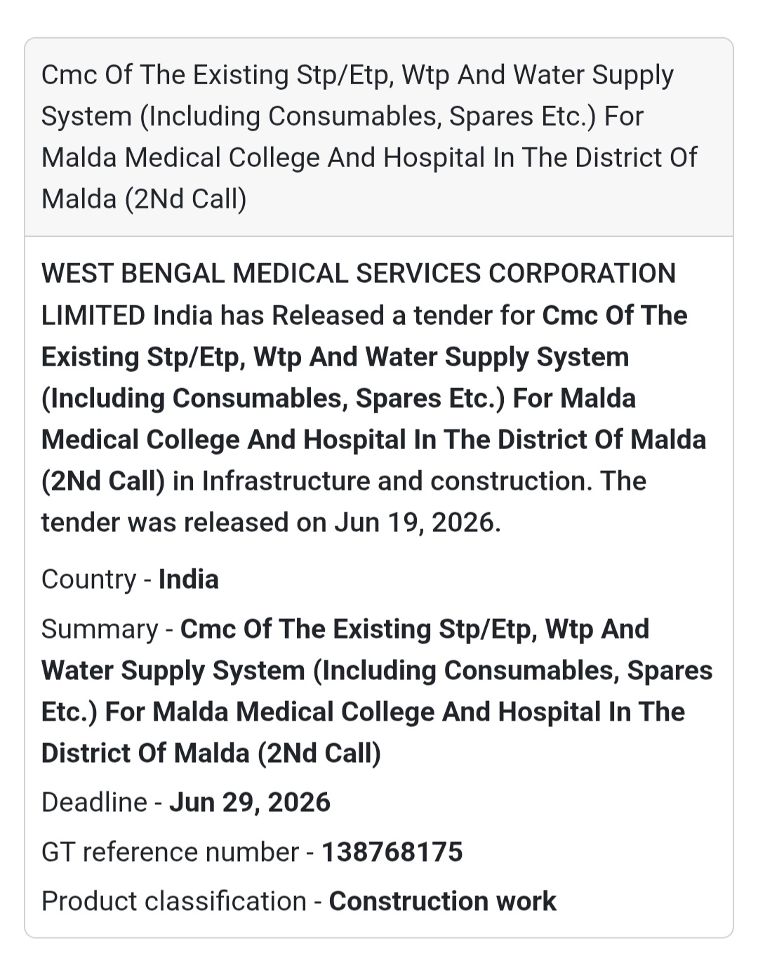💧 CMC of STP/ETP, WTP & Water Supply System at Malda Medical College