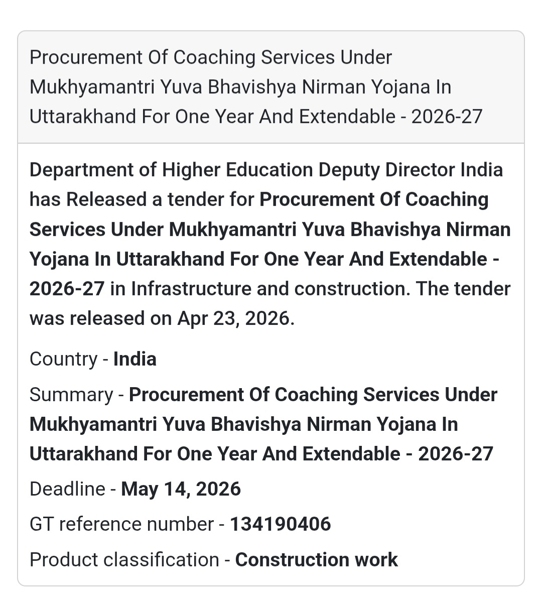 🎓 Coaching Services Tender – Uttarakhand