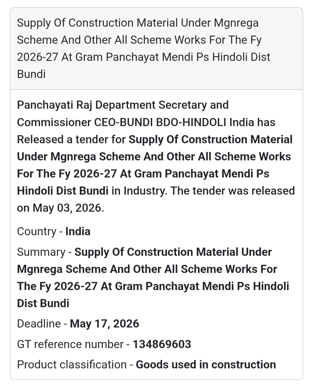 🧱 Construction Material Supply – Mendi🔹 Organization: Panchayati Raj