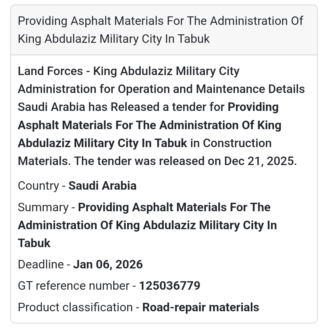 🛣️ Construction Materials Tender – Saudi Arabia