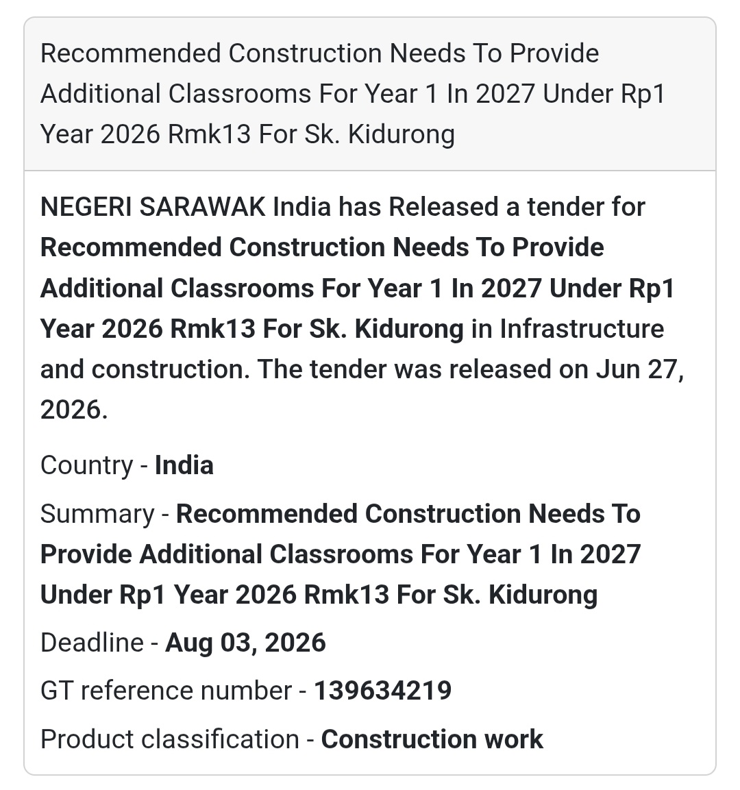 🏫 Construction of Additional Classrooms for SK Kidurong (Year 2027)