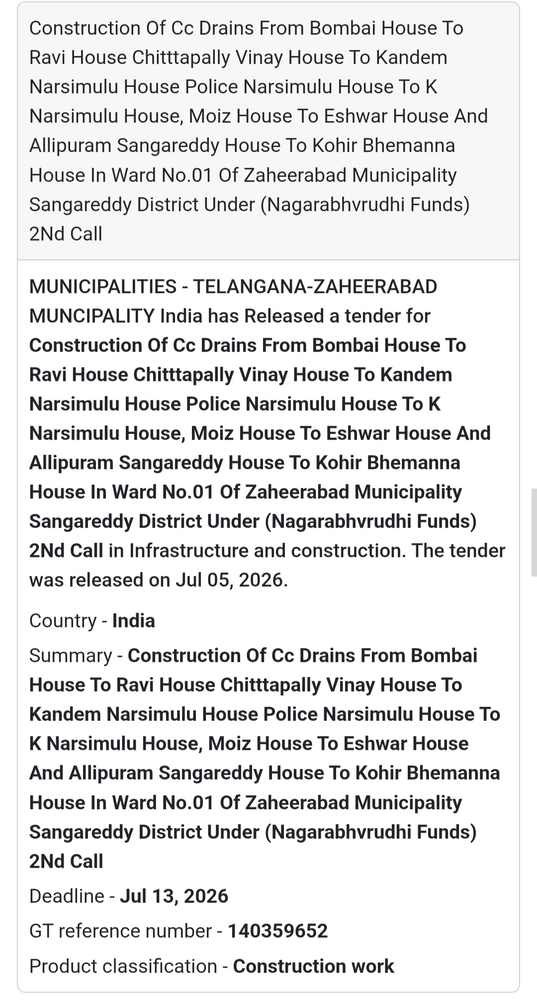 🌧️ Construction of CC Drains – Ward No. 01, Zaheerabad Municipality 🚧