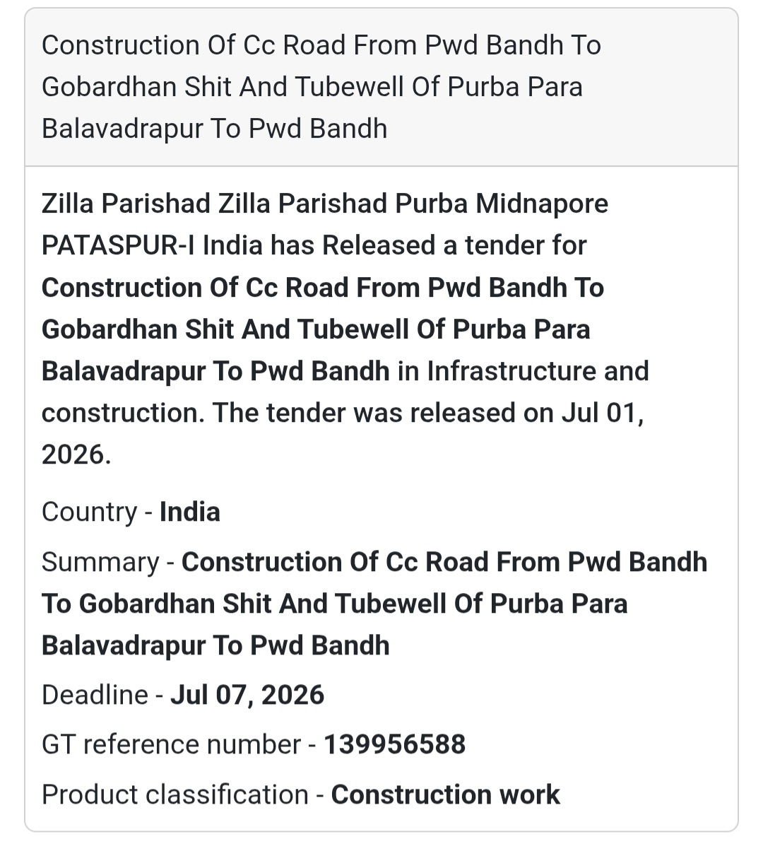 🛣️ Construction of CC Road from PWD Bandh to Gobardhan Shit & Tubewell, Purba Para Balavadrapur