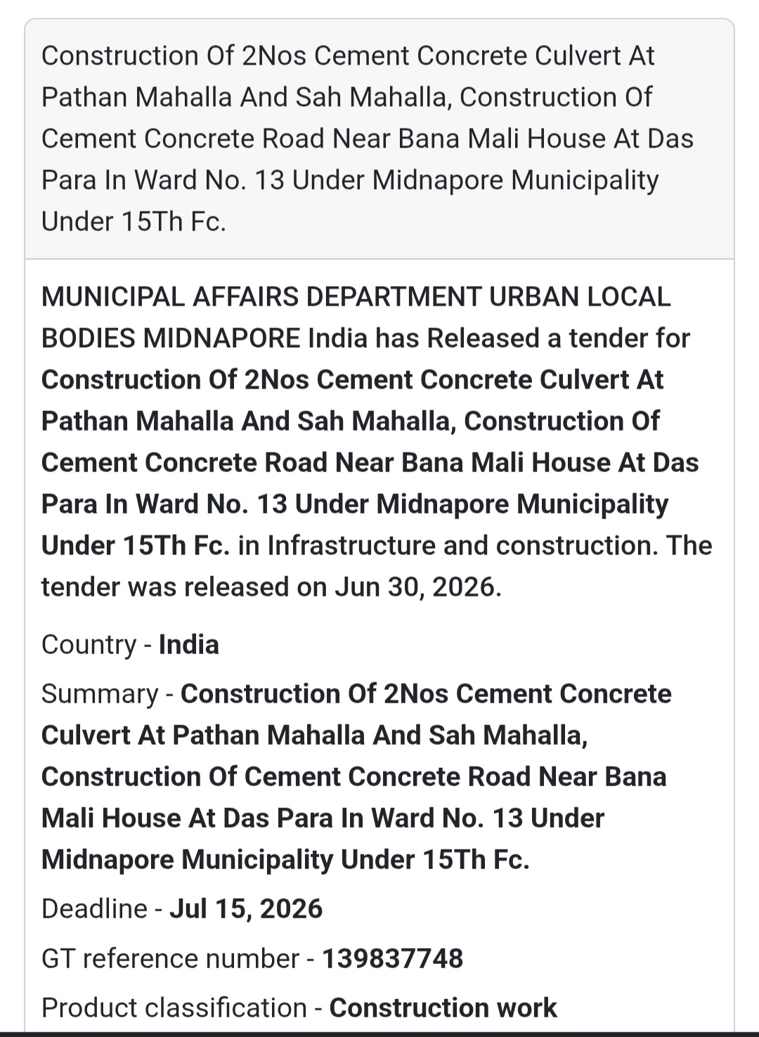 📢 Construction of Cement Concrete Culverts & Road | Midnapore Municipality