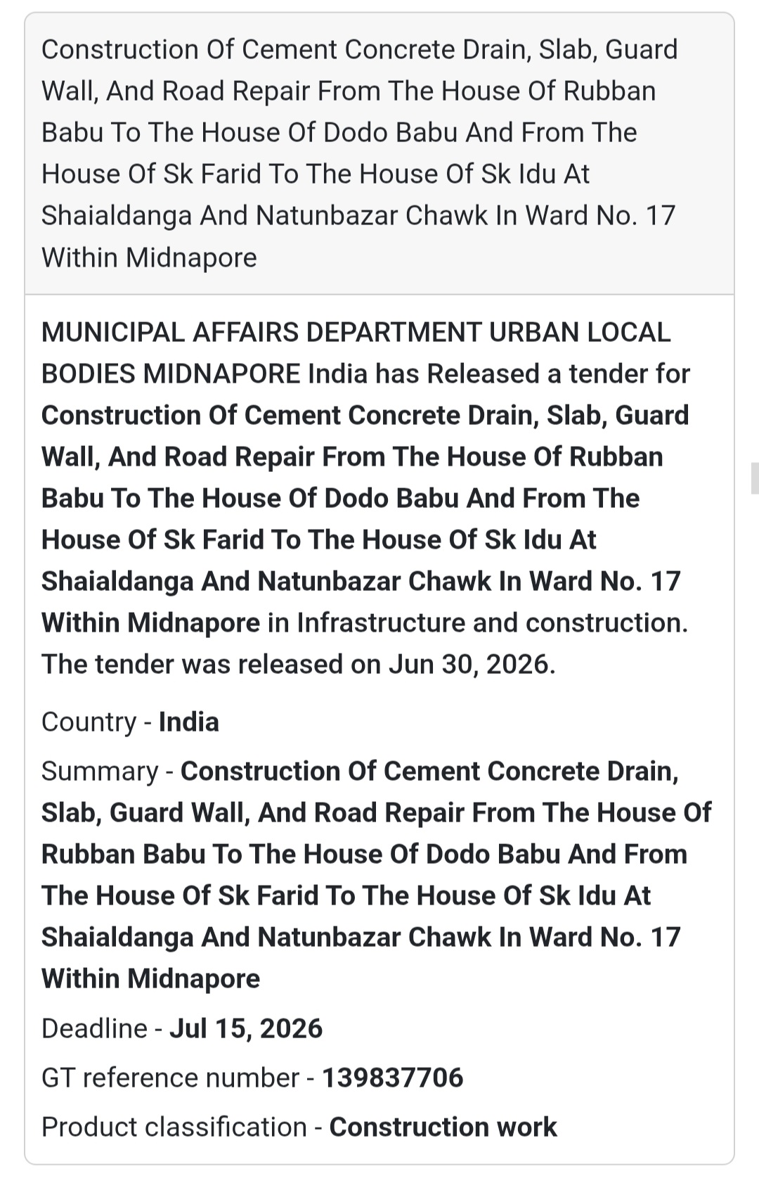 📢 Construction of Cement Concrete Drain, Slab, Guard Wall & Road Repair | Midnapore