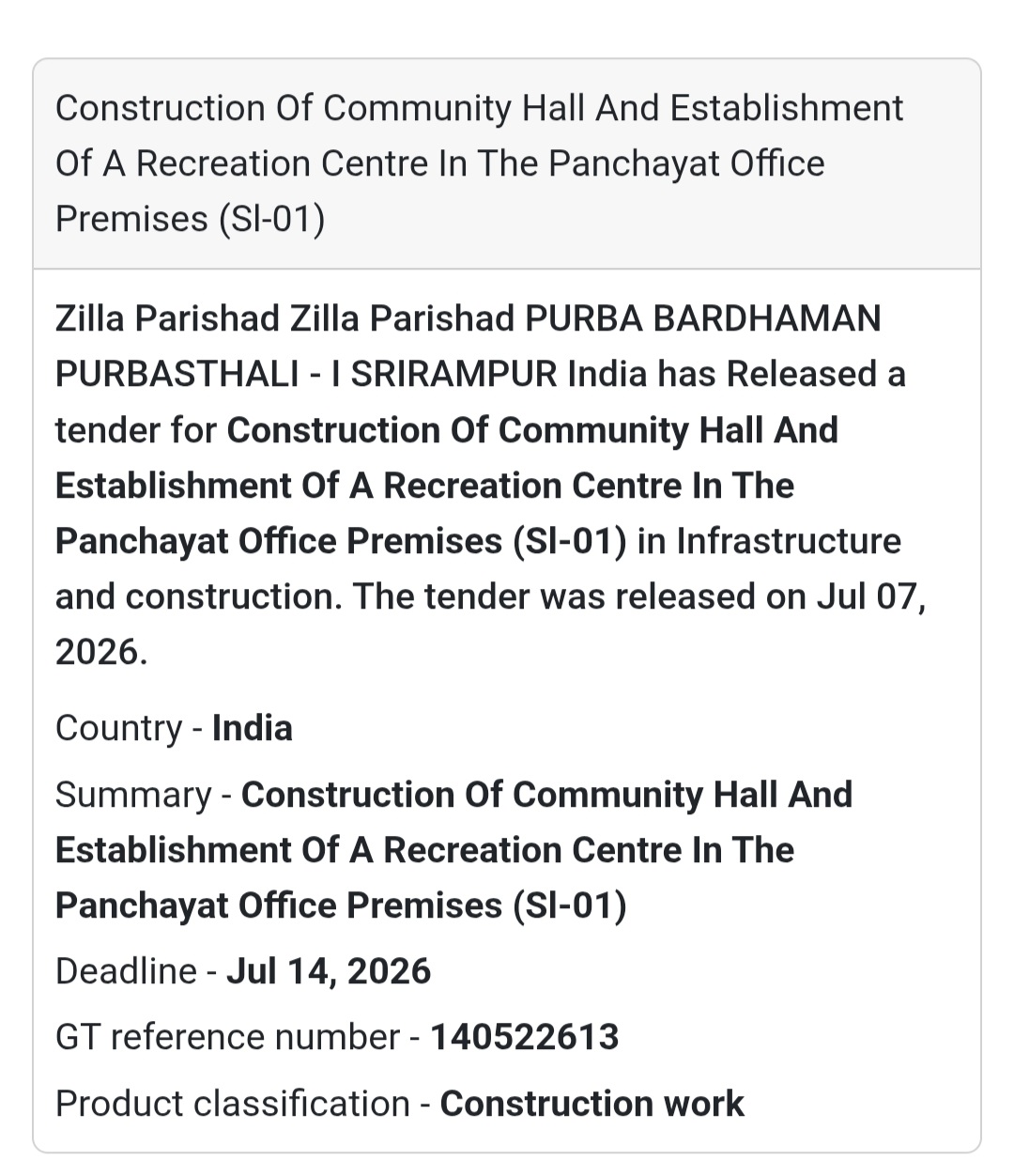 📢 Construction of Community Hall and Establishment of a Recreation Centre in the Panchayat Office Premises (Sl-01) | Srirampur, Purbasthali-I, Purba