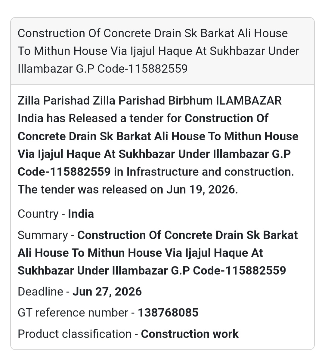 🚧 Construction Of Concrete Drain Sk Barkat Ali House To Mithun House Via Ijajul Haque At Sukhbazar Under Illambazar G.P Code-115882559 | Illambazar, Birbhum