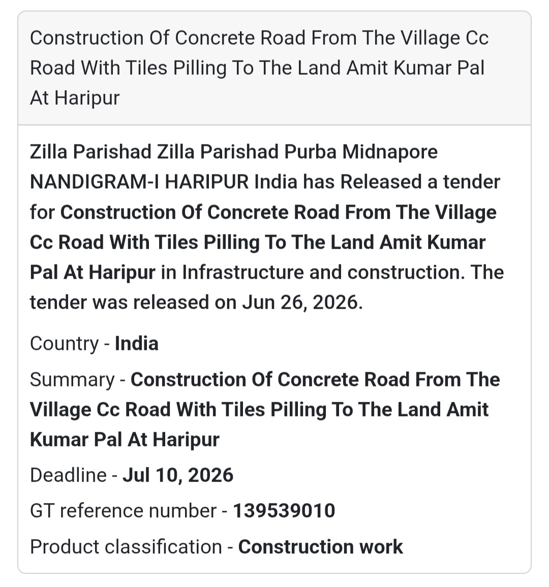 Construction of Concrete Road from Village CC Road to Land of Amit Kumar Pal at Haripur – Purba Medinipur,