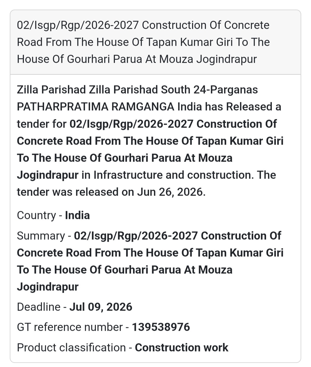 Construction of Concrete Road – South 24 Parganas, West Bengal