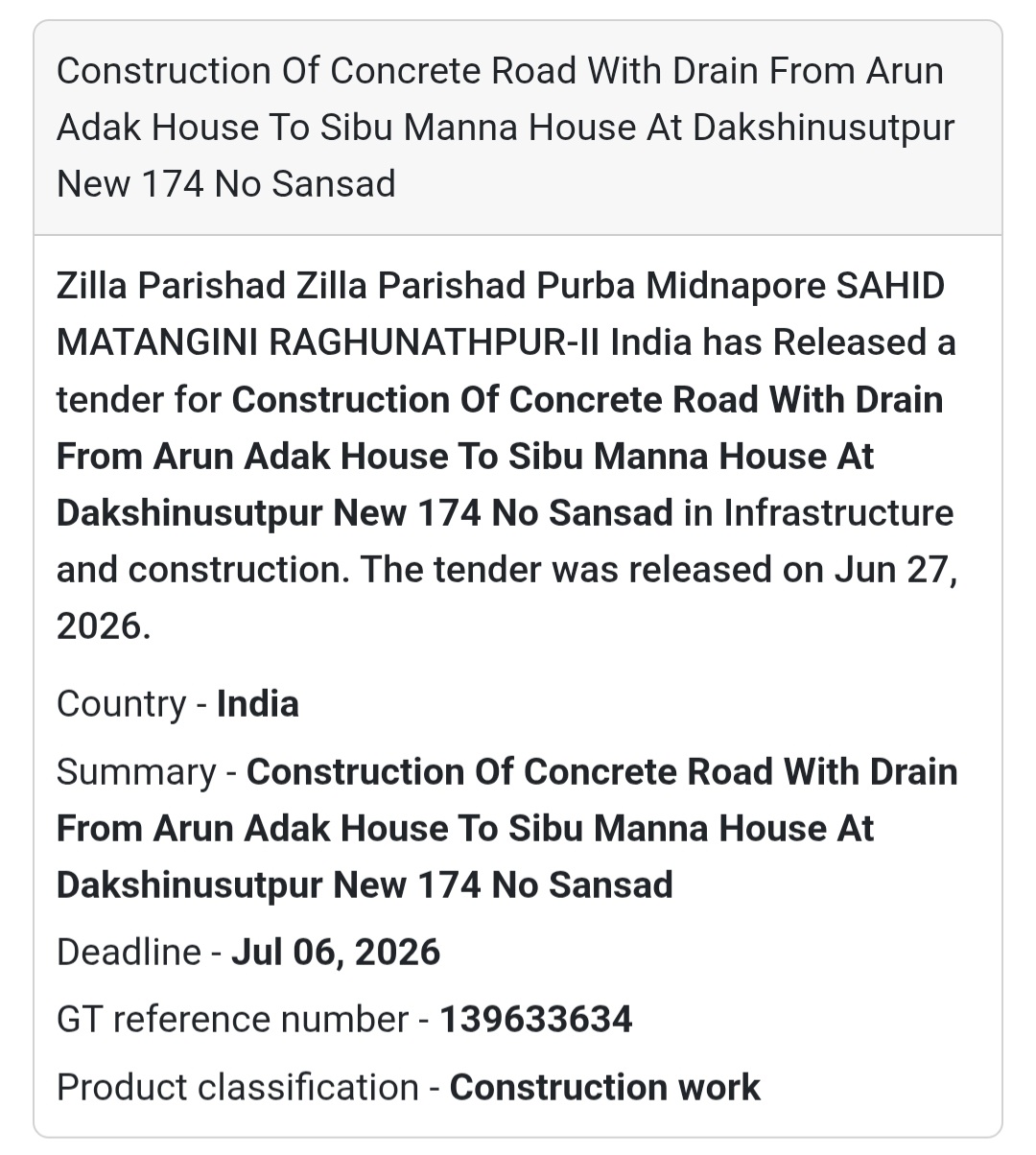 🛣️ Construction of Concrete Road with Drain from Arun Adak House to Sibu Manna House | 📍Dakshinusutpur, Purba