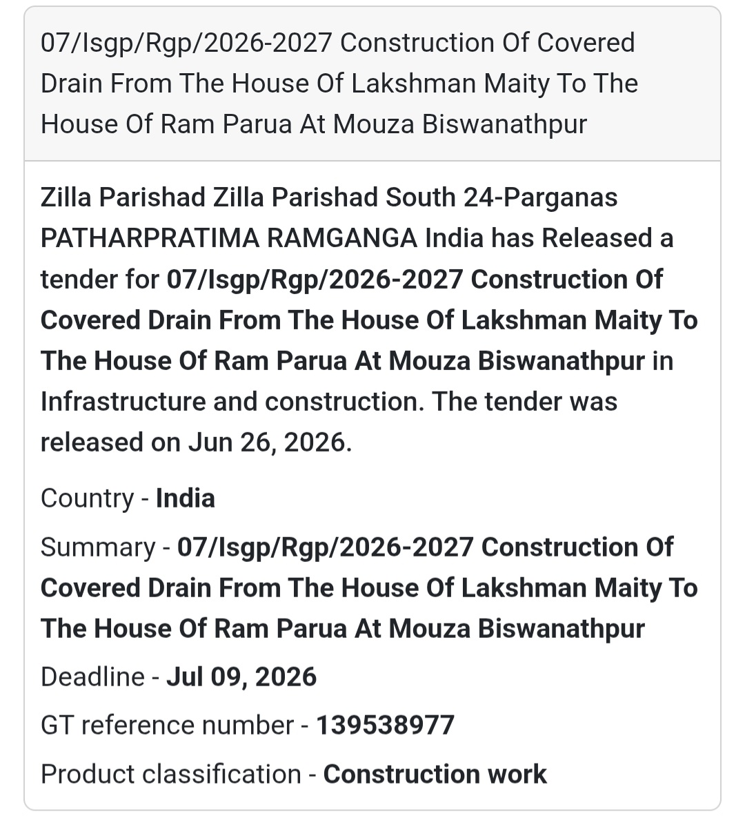 🏗️ Construction of Covered Drain – South 24 Parganas, West Bengal