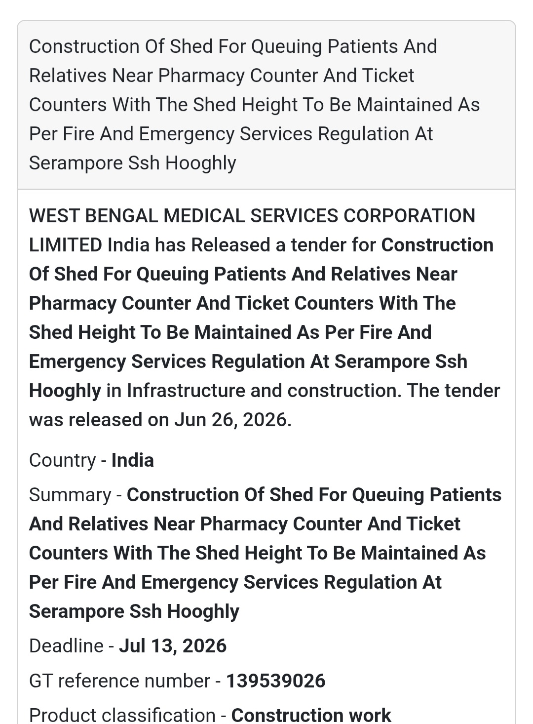 Construction of Patient Queue Shed at Serampore SSH – Hooghly, West Bengal