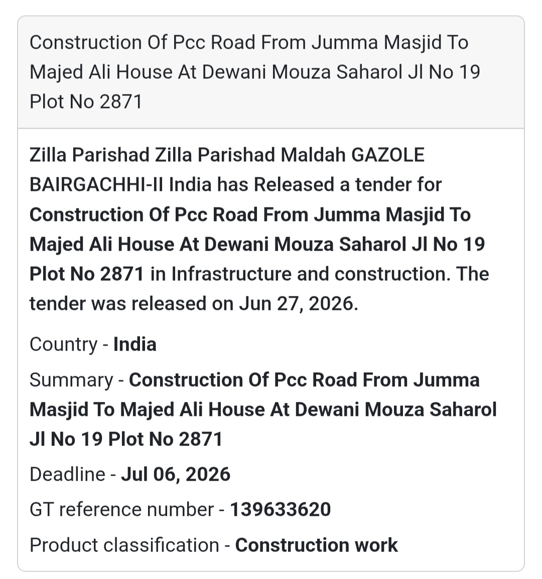 🛣️ Construction of PCC Road from Jumma Masjid to Majed Ali House | 📍Dewani Mouza Saharol, Malda