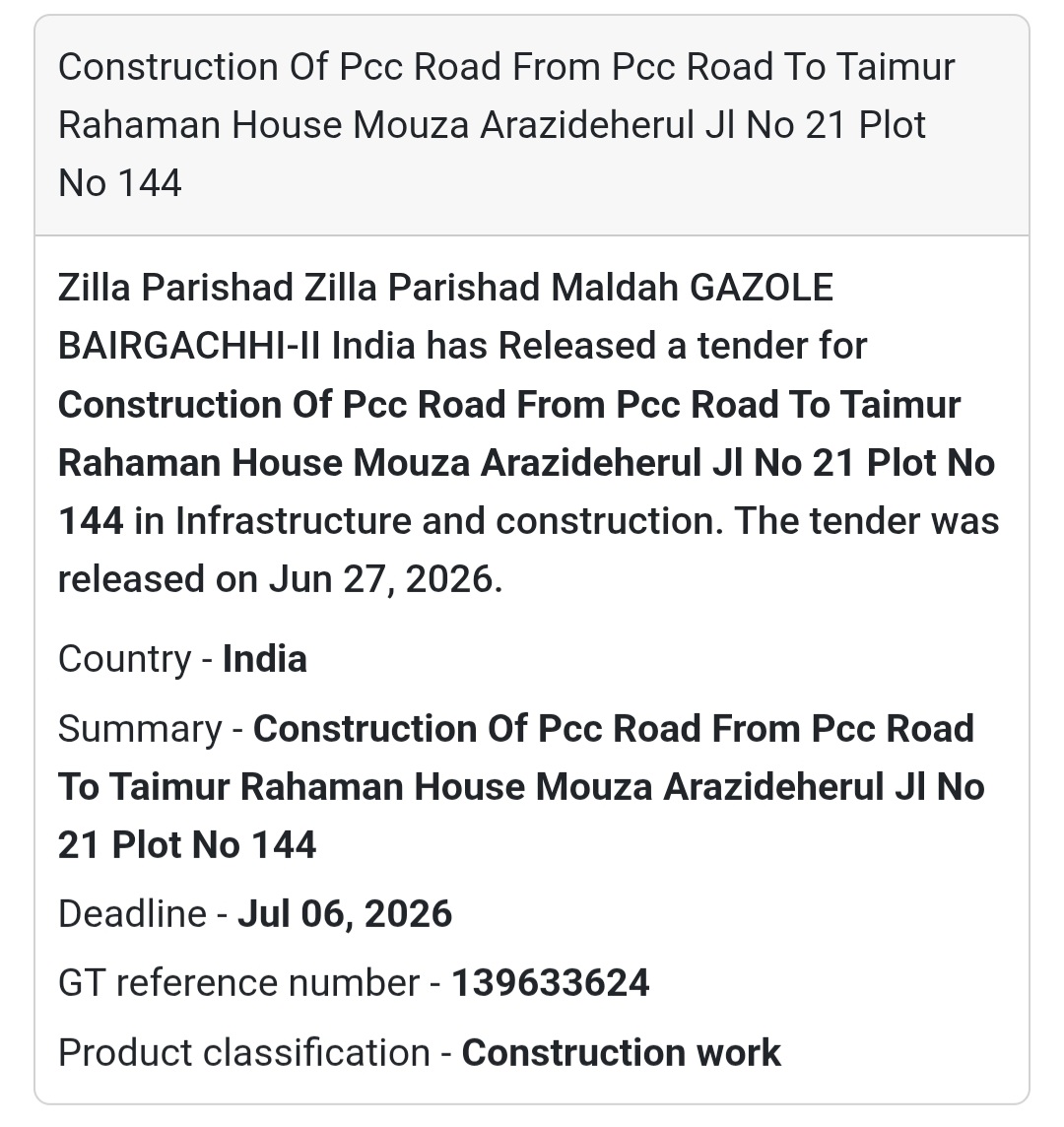 🛣️ Construction of PCC Road from PCC Road to Taimur Rahaman House | 📍Arazideherul, Malda