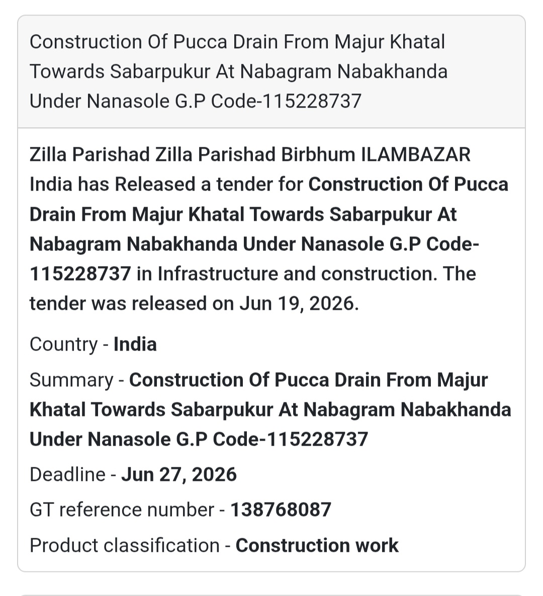 🚧 Construction Of Pucca Drain From Majur Khatal Towards Sabarpukur At Nabagram Nabakhanda Under Nanasole G.P Code-115228737 | Illambazar, Birbhum