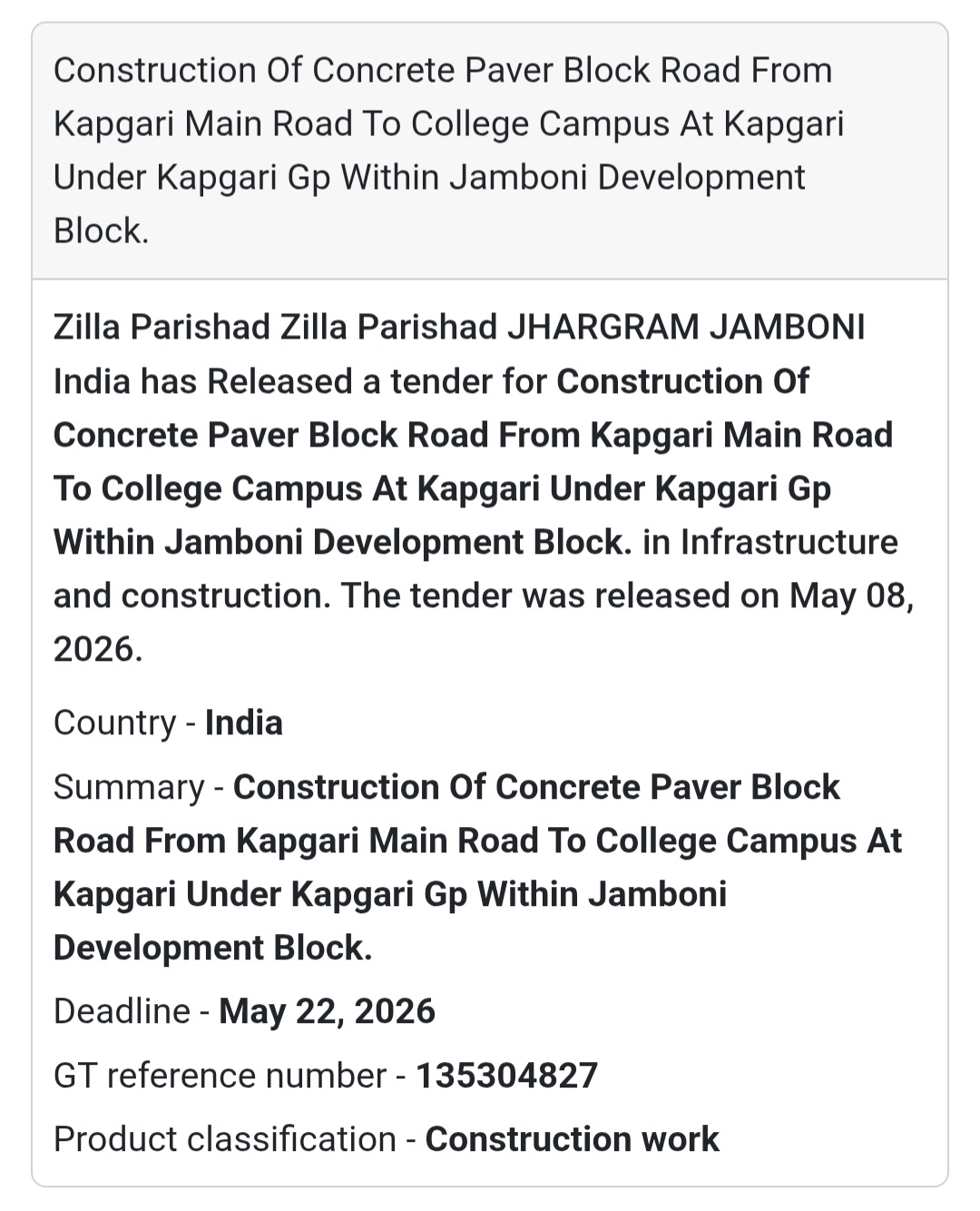 Construction Tender At Jamboni