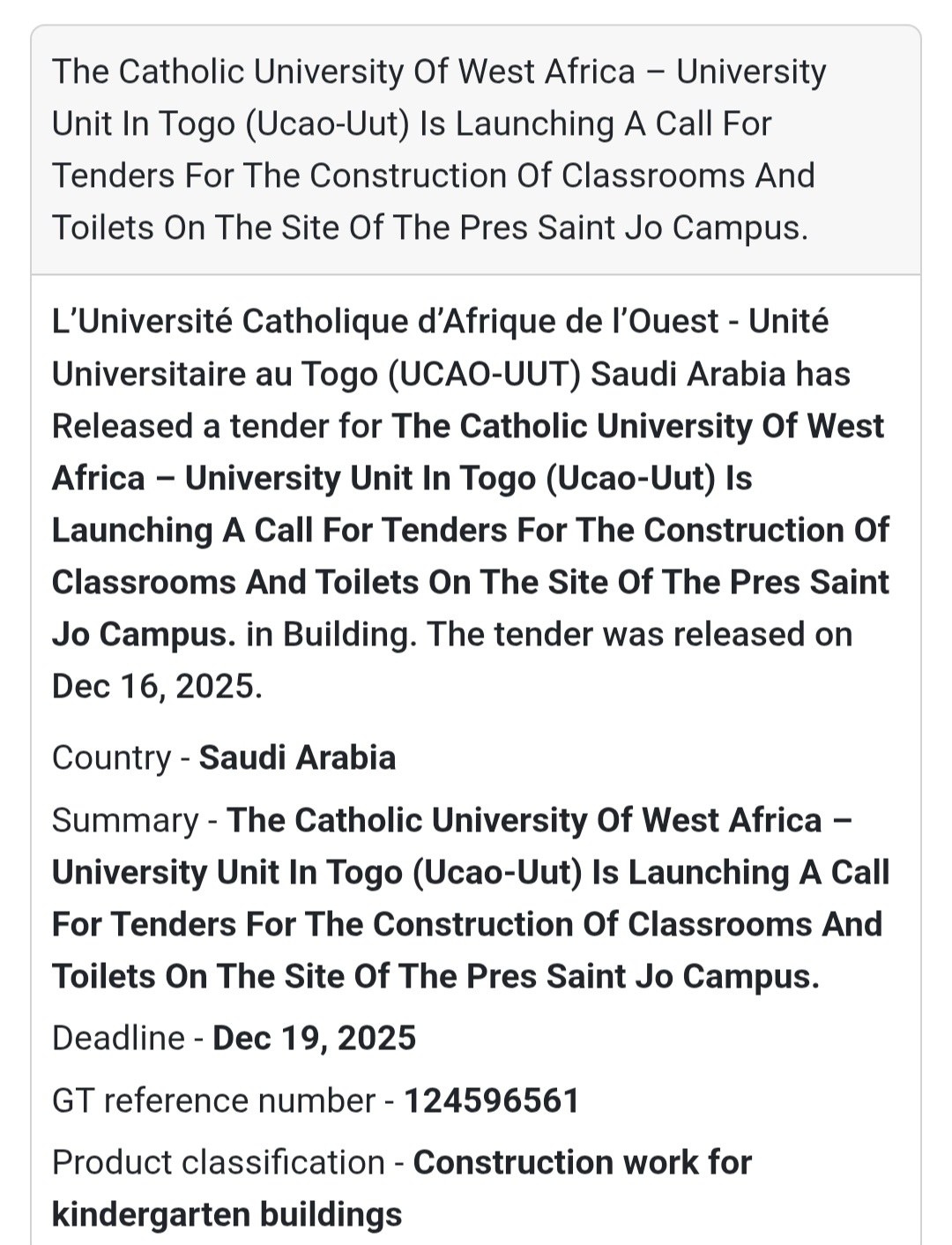 🔔 Construction Tender | Togo 🇹🇬