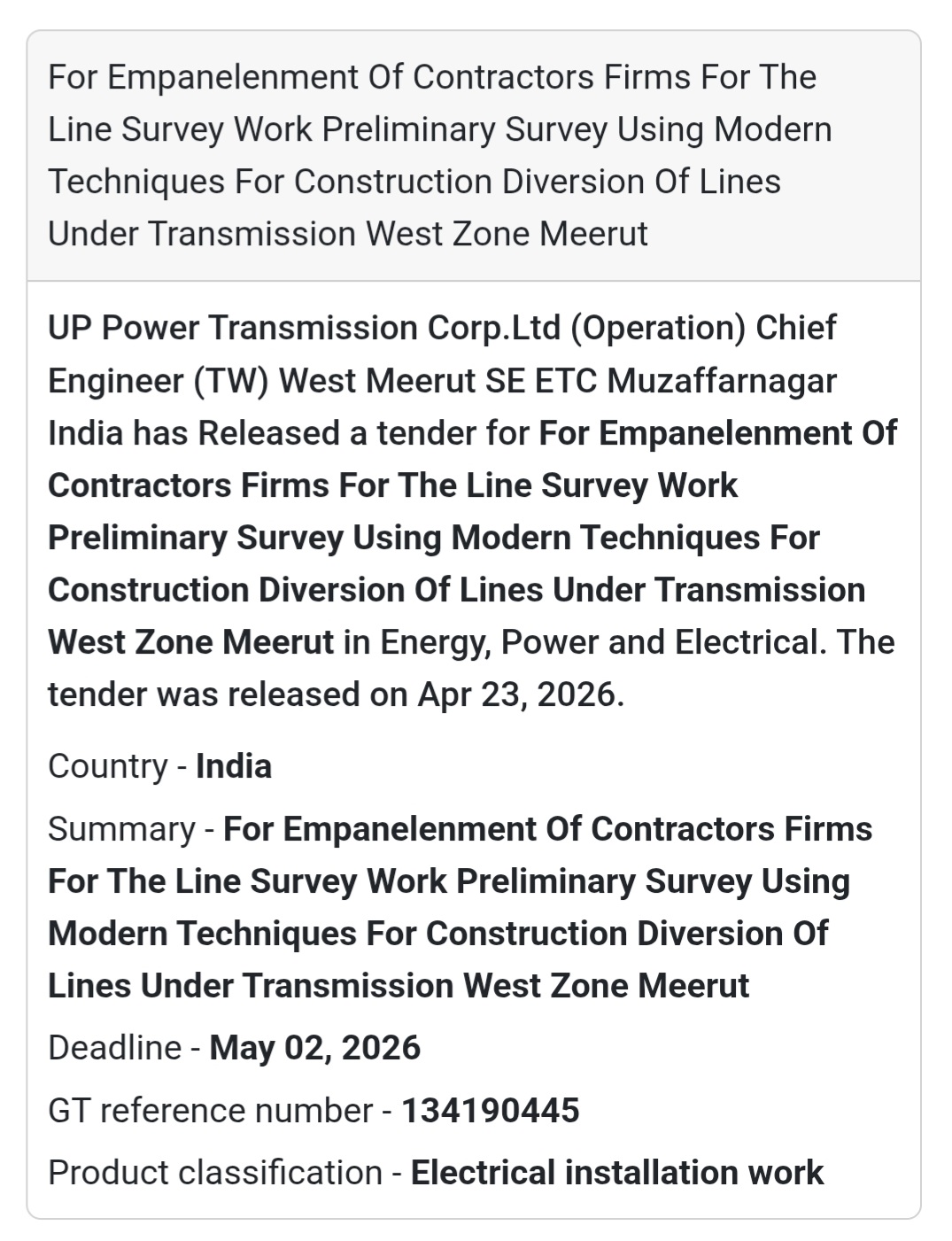 ⚡ Contractor Empanelment – Transmission Projects