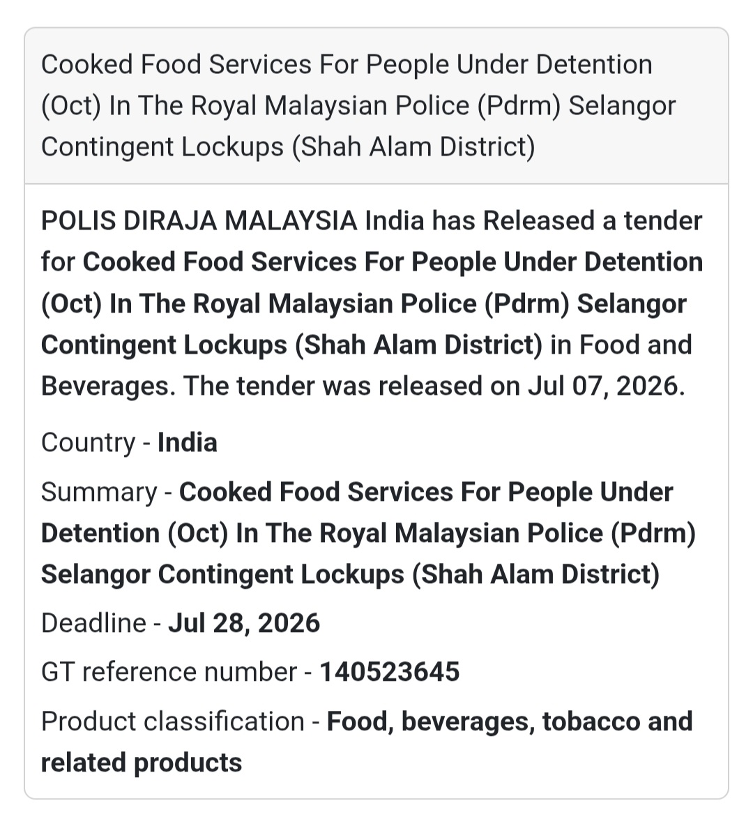 🍽️ Cooked Food Services Tender | Shah Alam, Selangor, Malaysia