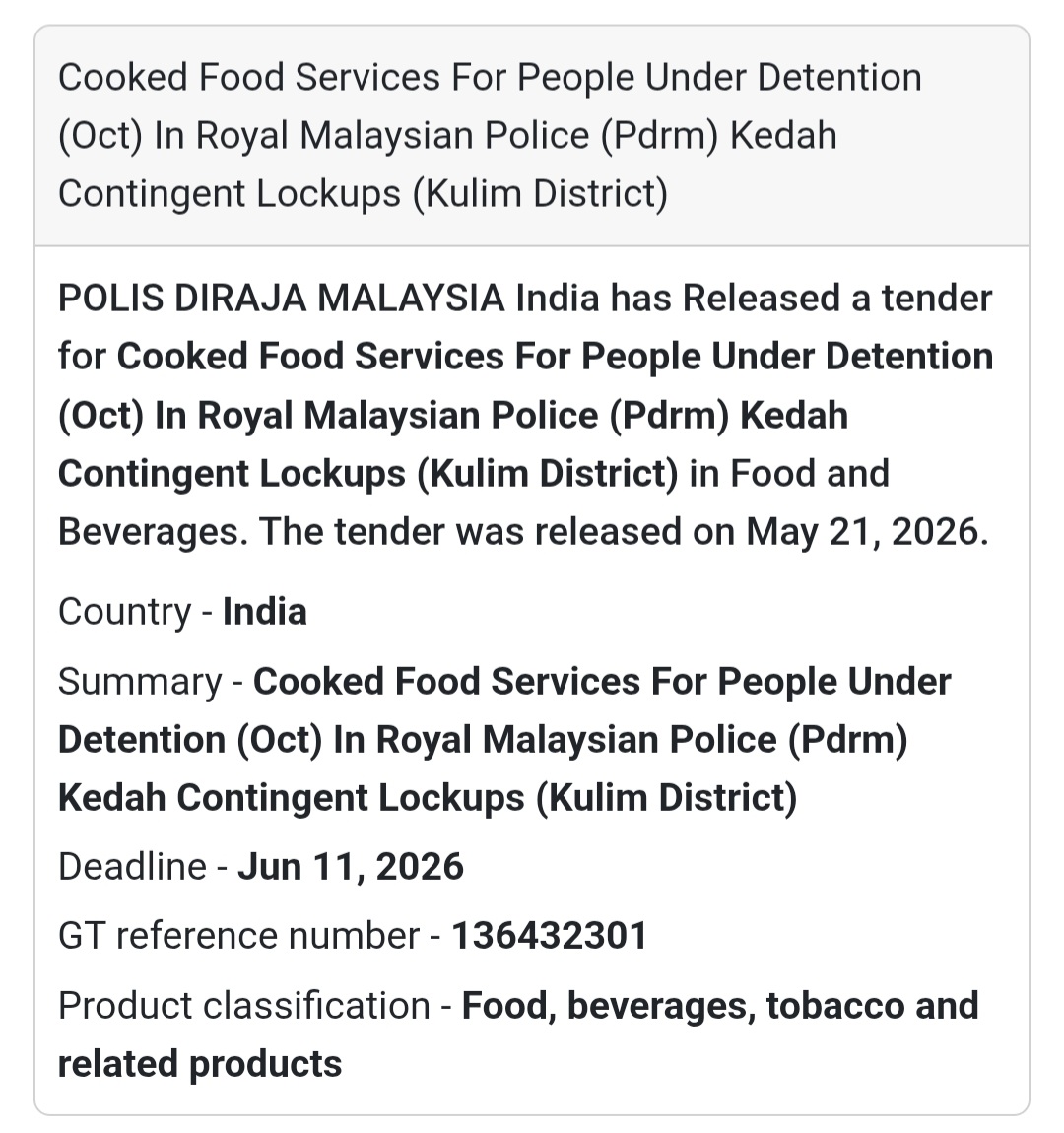 🍱 Cooked Food Services Tender