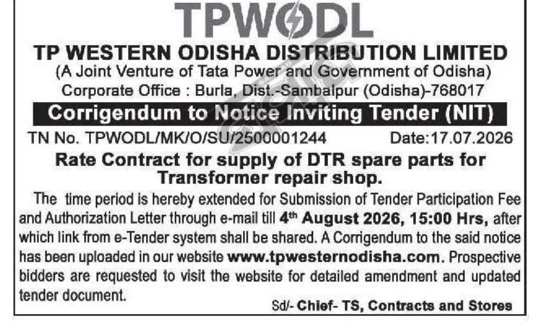 📢 Corrigendum to Notice Inviting Tender – TP Western Odisha Distribution Limited