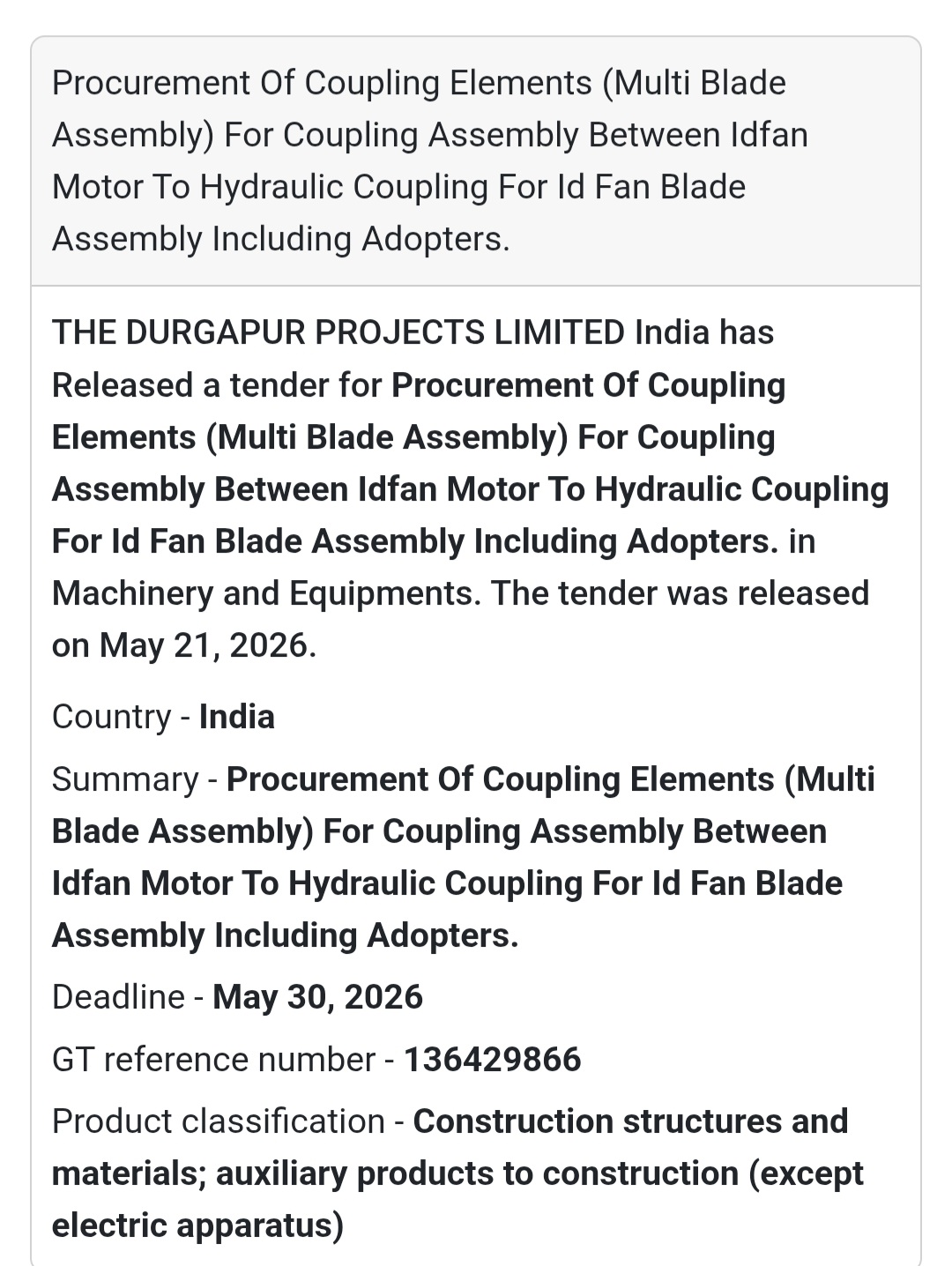 ⚙️ Coupling Elements Procurement Tender