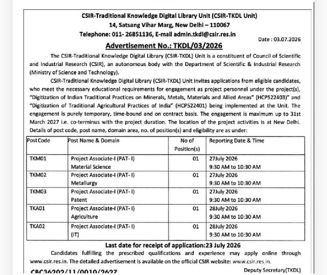 📢 CSIR-TKDL Recruitment Notification | 📍Location: New Delhi