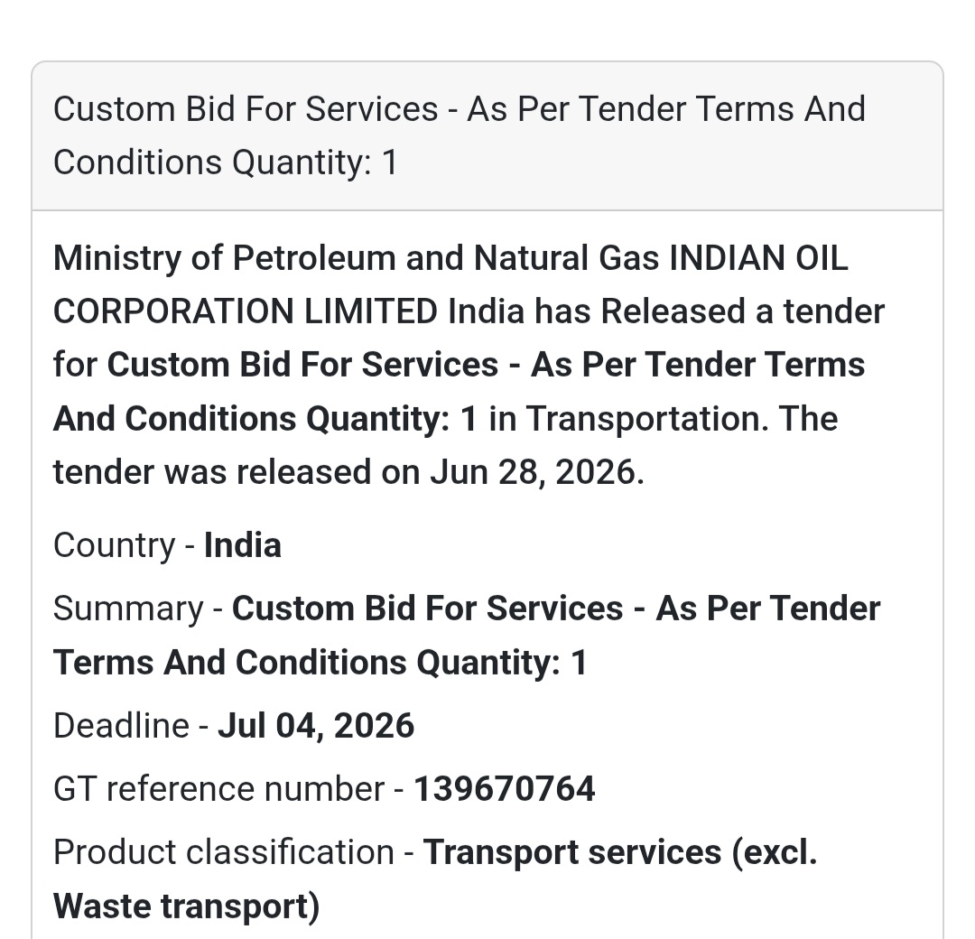 🚛 Custom Bid for Services – As Per Tender Terms & Conditions | India 🇮🇳