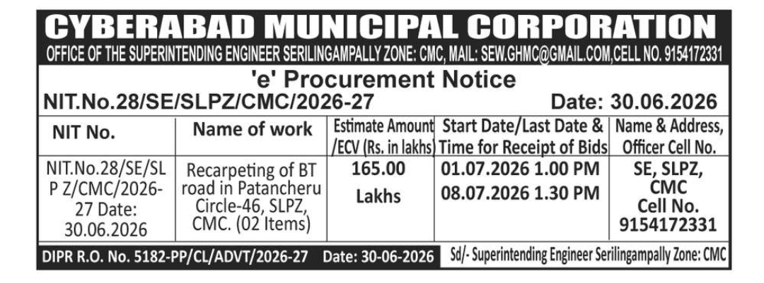 🏗️ CYBERABAD MUNICIPAL CORPORATION – e-Procurement Notice