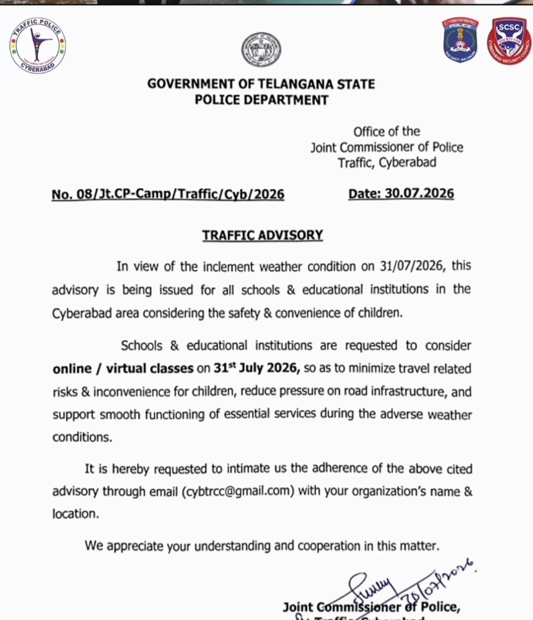 🚨 Cyberabad Traffic Advisory