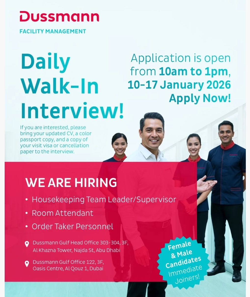 🏨 Daily Walk-In Interview – Hospitality & Facilities Jobs (Dubai)