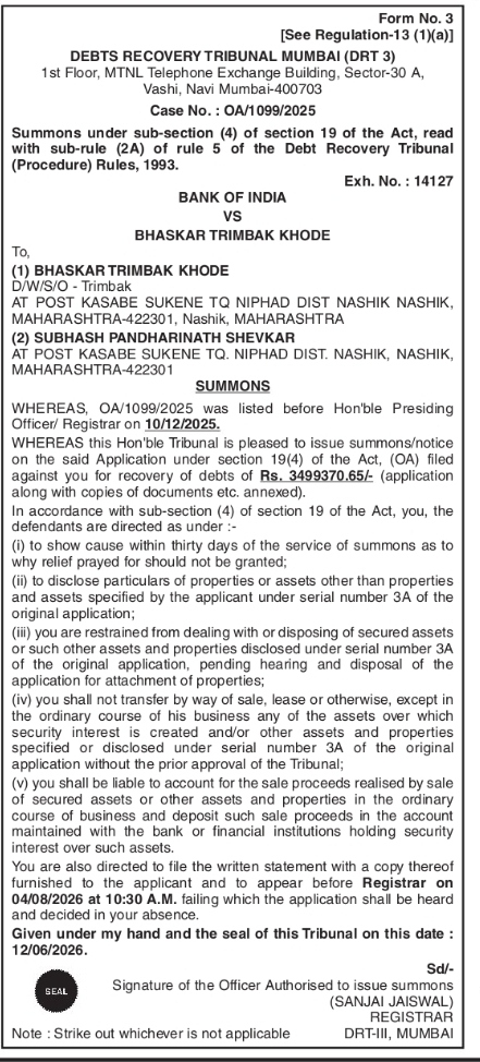 ⚖️ Debt Recovery Tribunal Summons – Bank of India