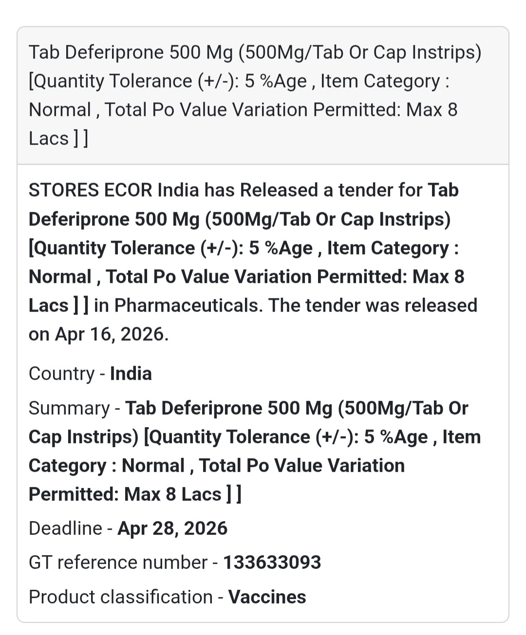 💊 Deferiprone 500 mg Tablets Tender