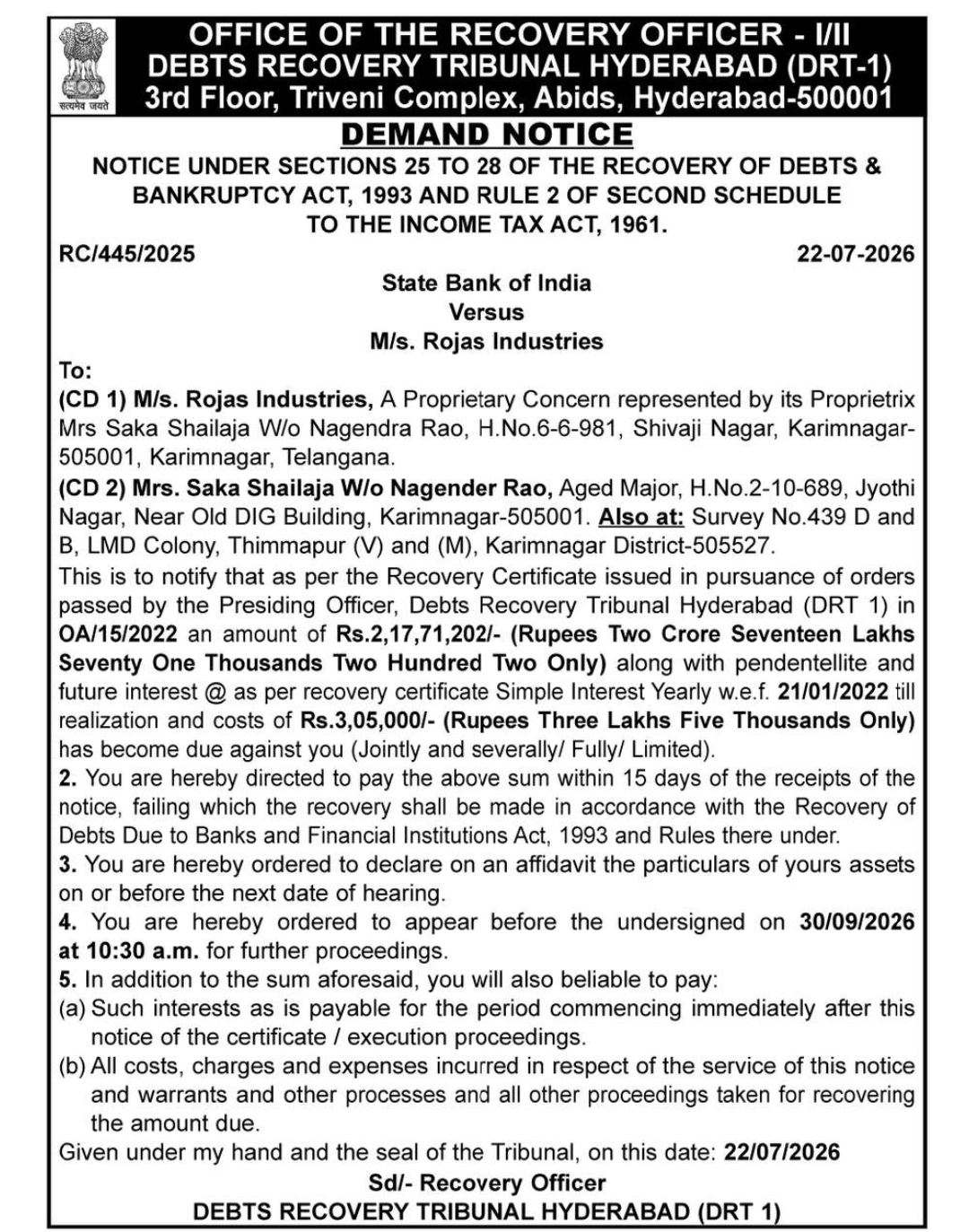 📢 Demand Notice – Debts Recovery Tribunal, Hyderabad