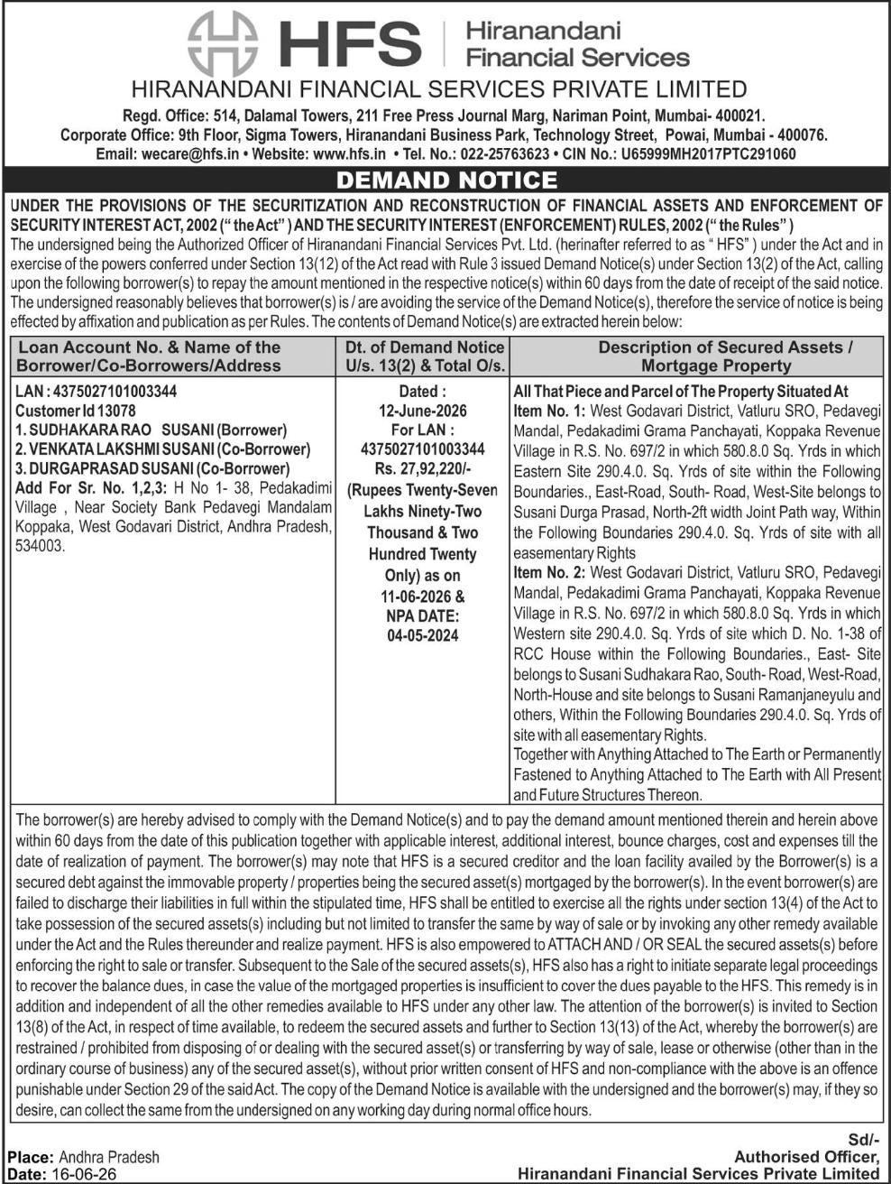 📢 DEMAND NOTICE – HIRANANDANI FINANCIAL SERVICES