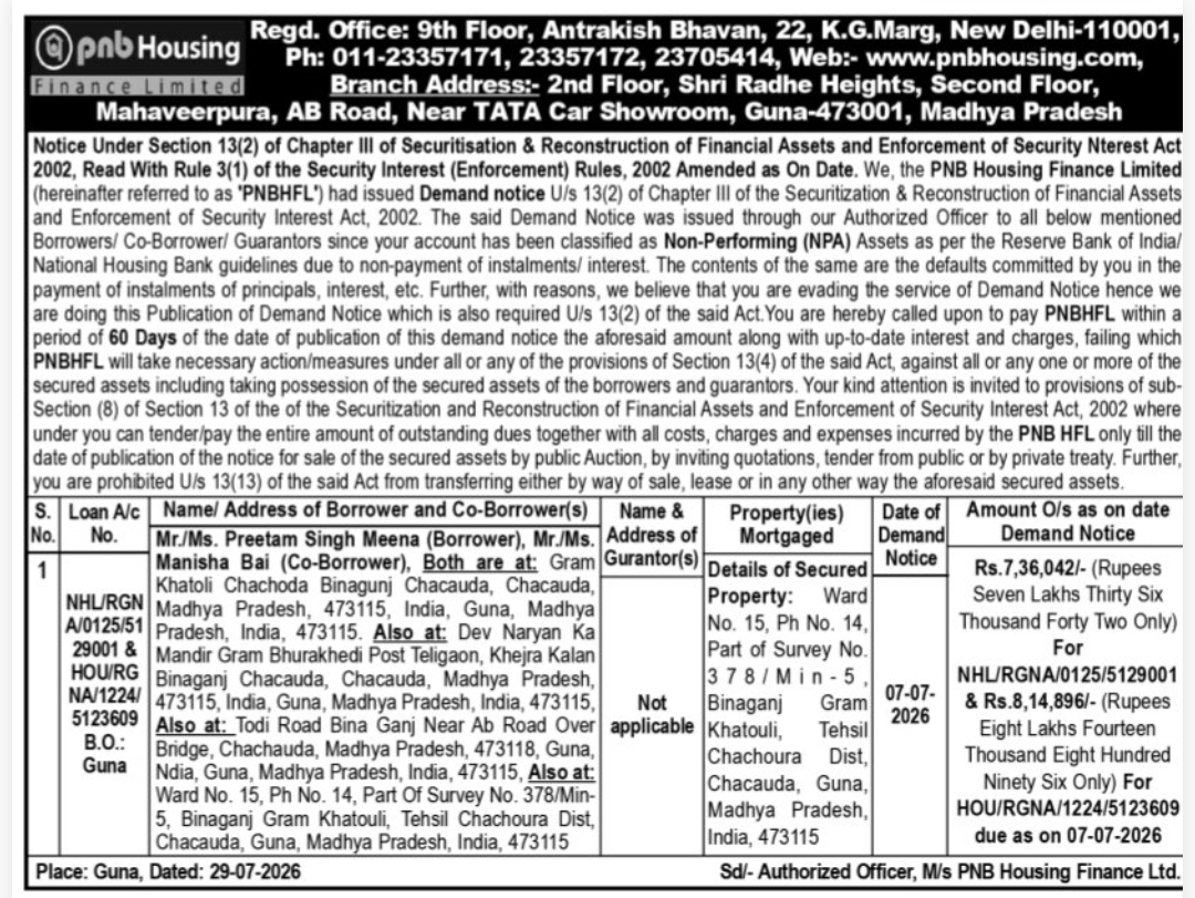 📢 Demand Notice – PNB Housing Finance, Guna