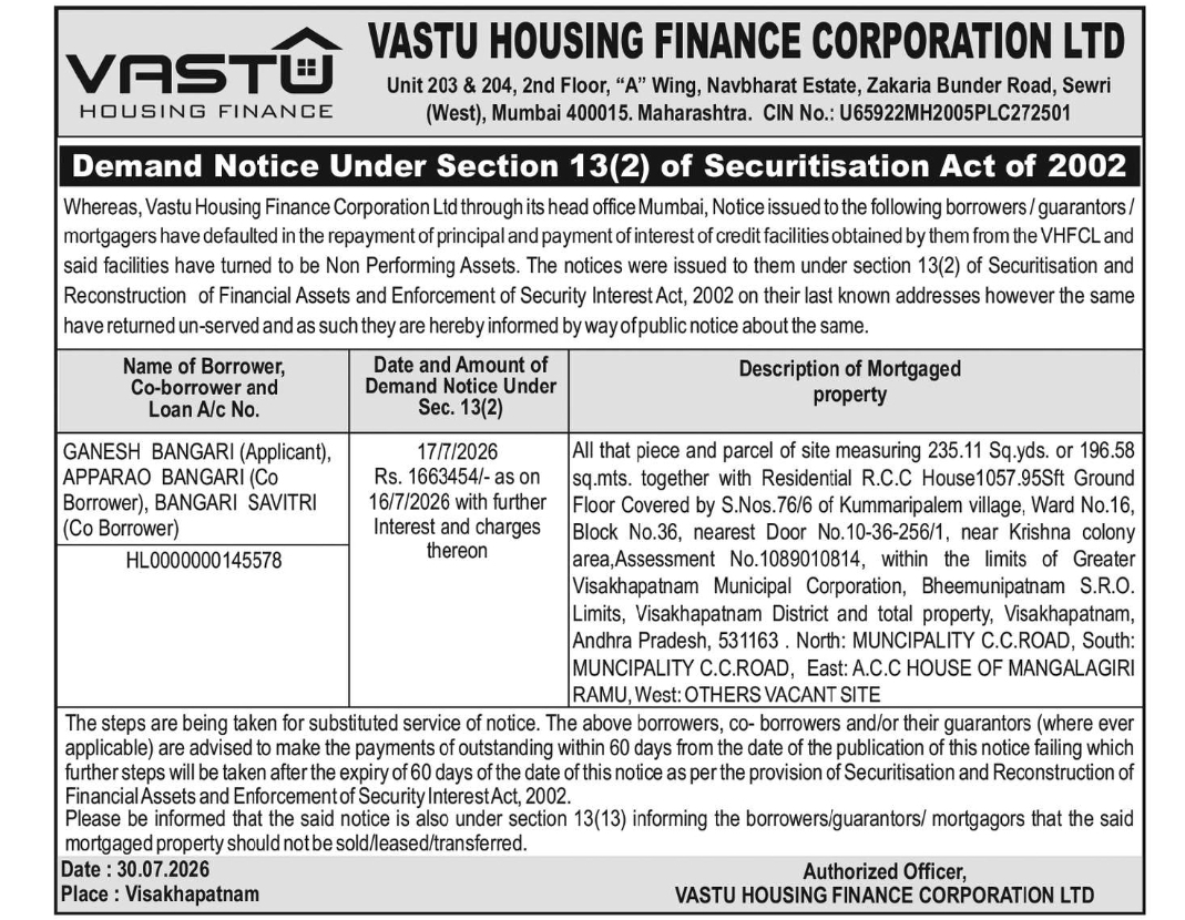 📢 Demand Notice – Vastu Housing Finance Corporation Ltd. | Visakhapatnam