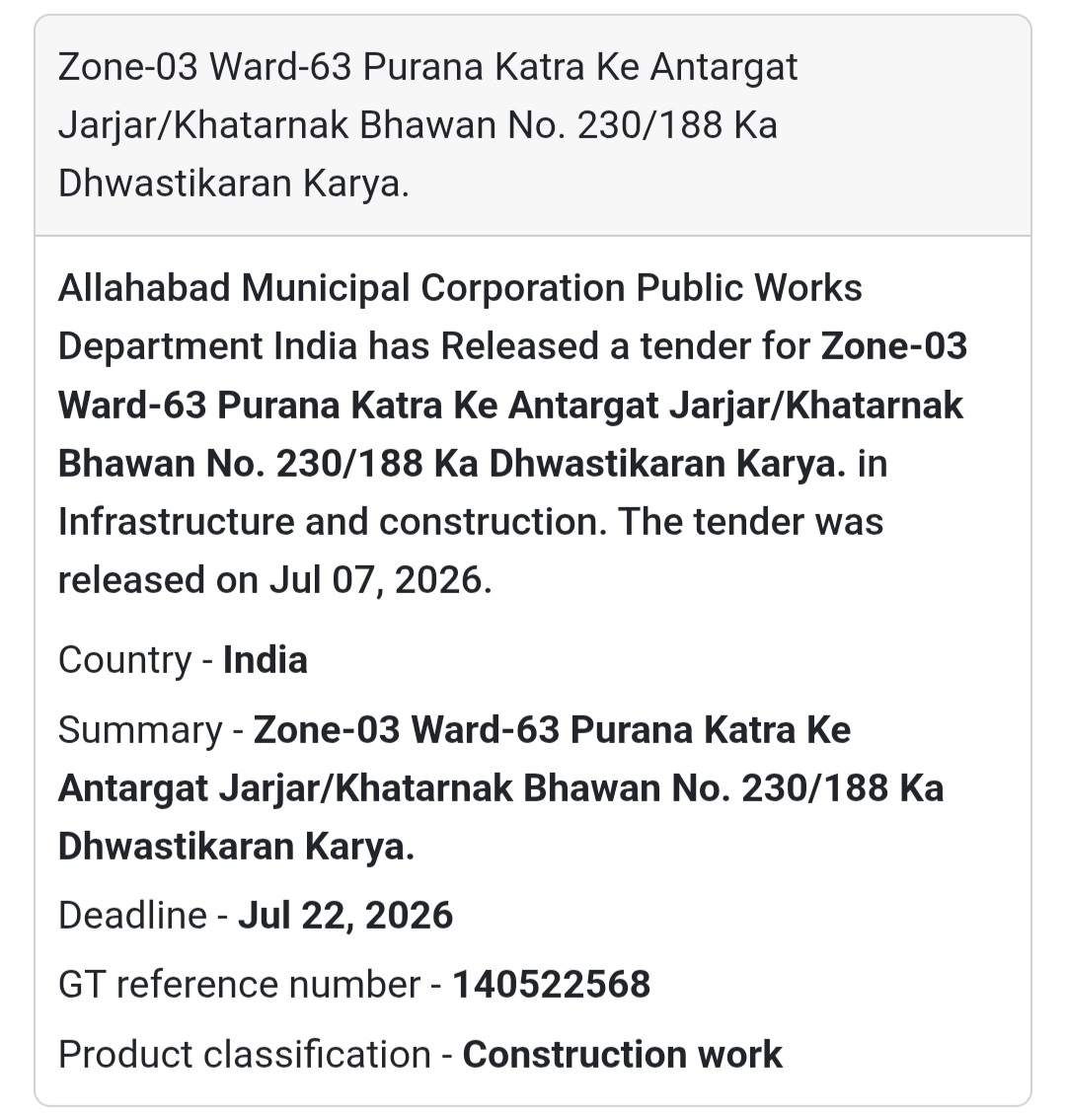 Demolition of Dilapidated Building – Zone-03, Ward-63 (Prayagraj, Uttar Pradesh)