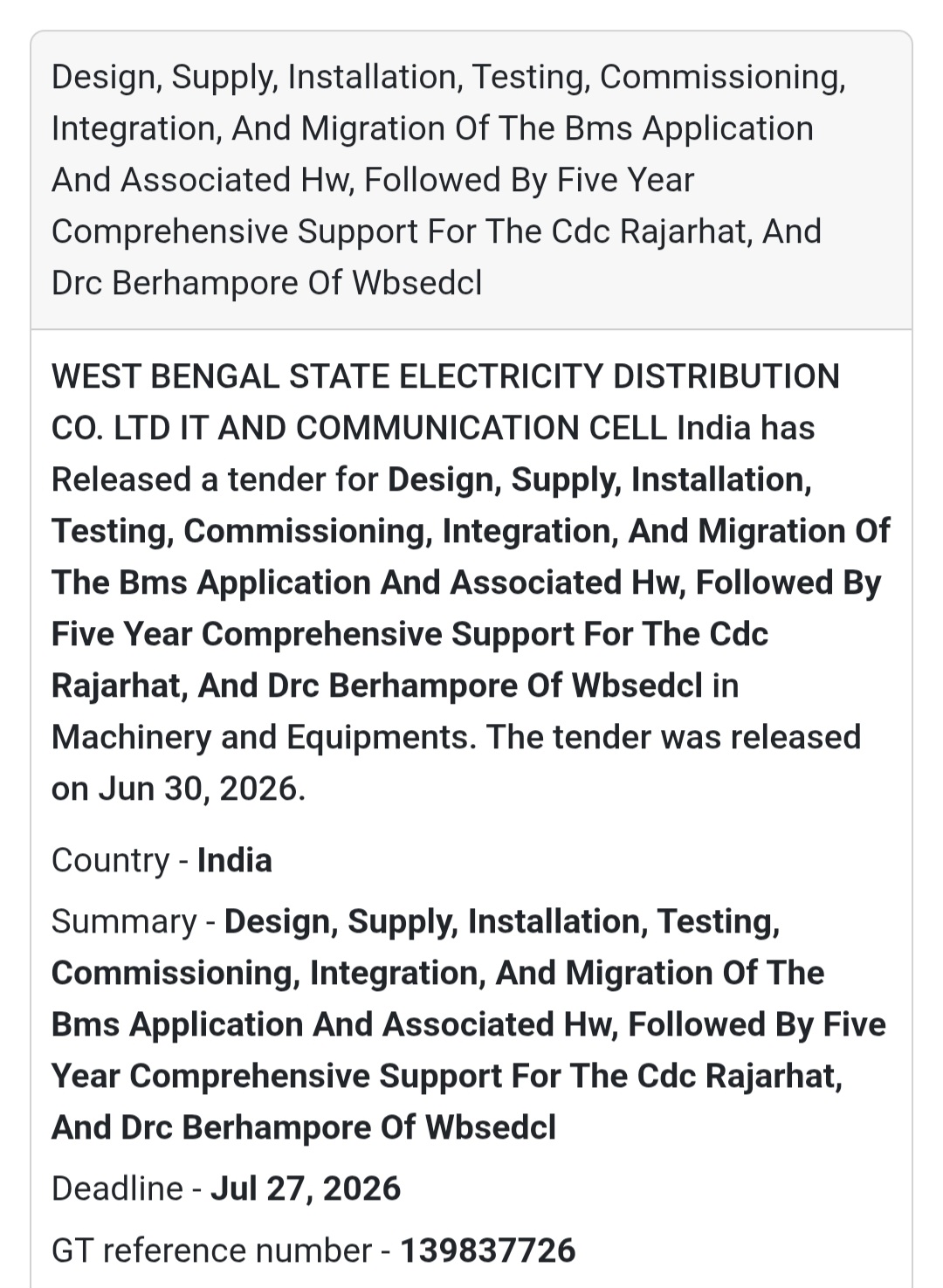 📢 Design, Supply, Installation, Testing, Commissioning, Integration & Migration of BMS Application | WBSEDCL