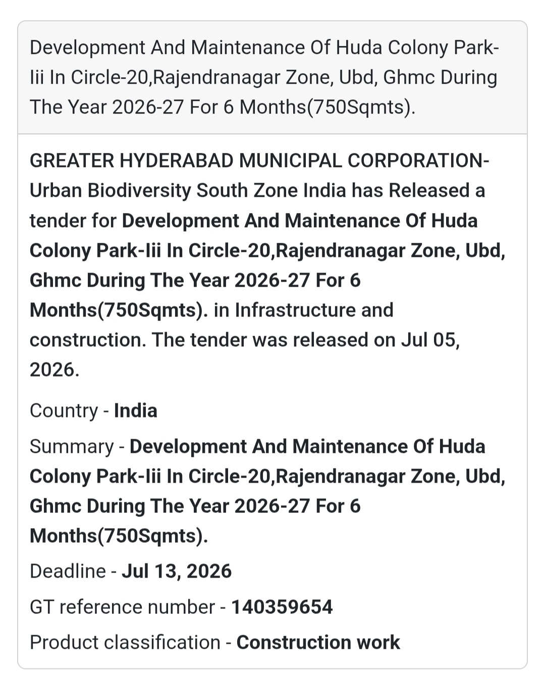 🌳 Development & Maintenance of HUDA Colony Park-III – Rajendranagar Zone, GHMC 🌿